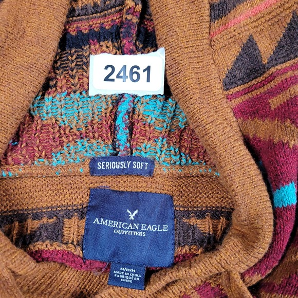 American Eagle Outfitters Hoodie Mens Medium Brown Aztec Southwest Knit Pullover - Picture 5 of 8